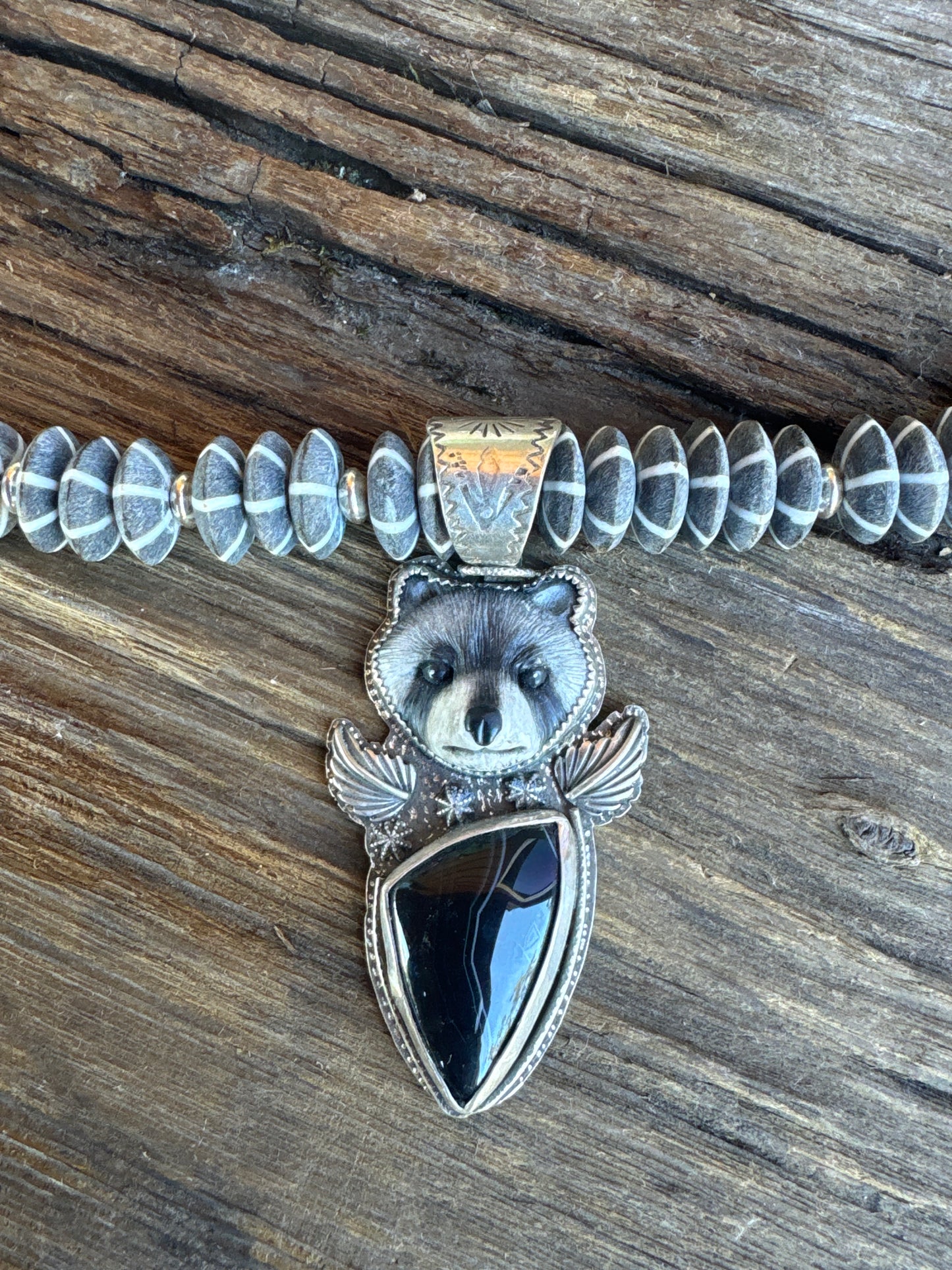 The Night Prowler Necklace- Sterling Silver, Agate, Water Buffalo Bone & Mr. Racoon