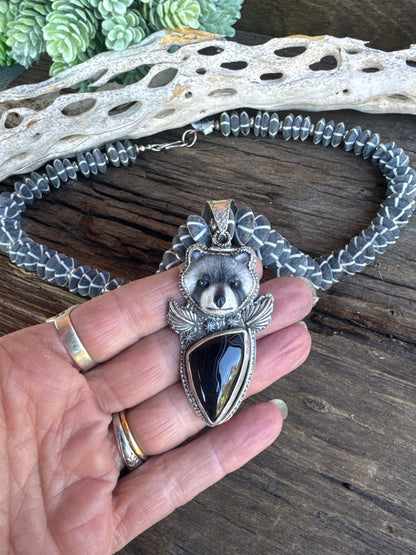 The Night Prowler Necklace- Sterling Silver, Agate, Water Buffalo Bone & Mr. Racoon