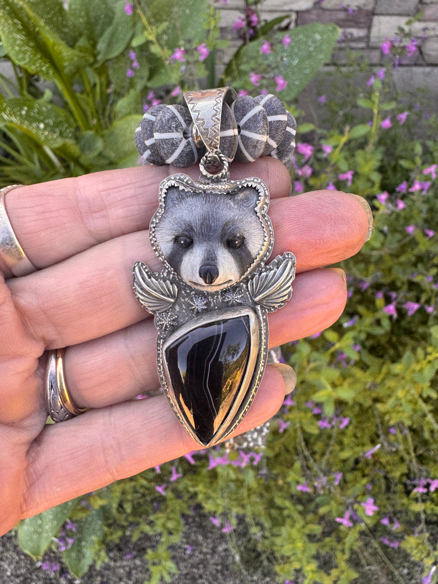 The Night Prowler Necklace- Sterling Silver, Agate, Water Buffalo Bone & Mr. Racoon