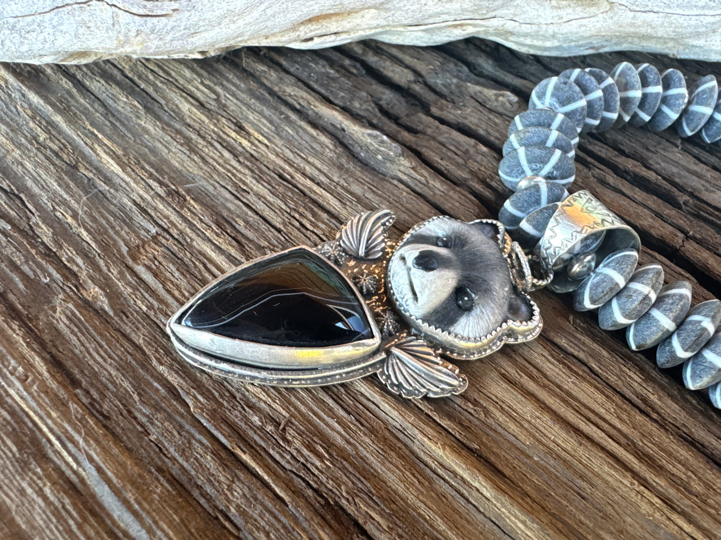 The Night Prowler Necklace- Sterling Silver, Agate, Water Buffalo Bone & Mr. Racoon