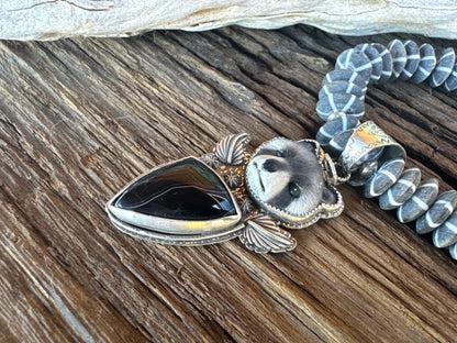 The Night Prowler Necklace- Sterling Silver, Agate, Water Buffalo Bone & Mr. Racoon