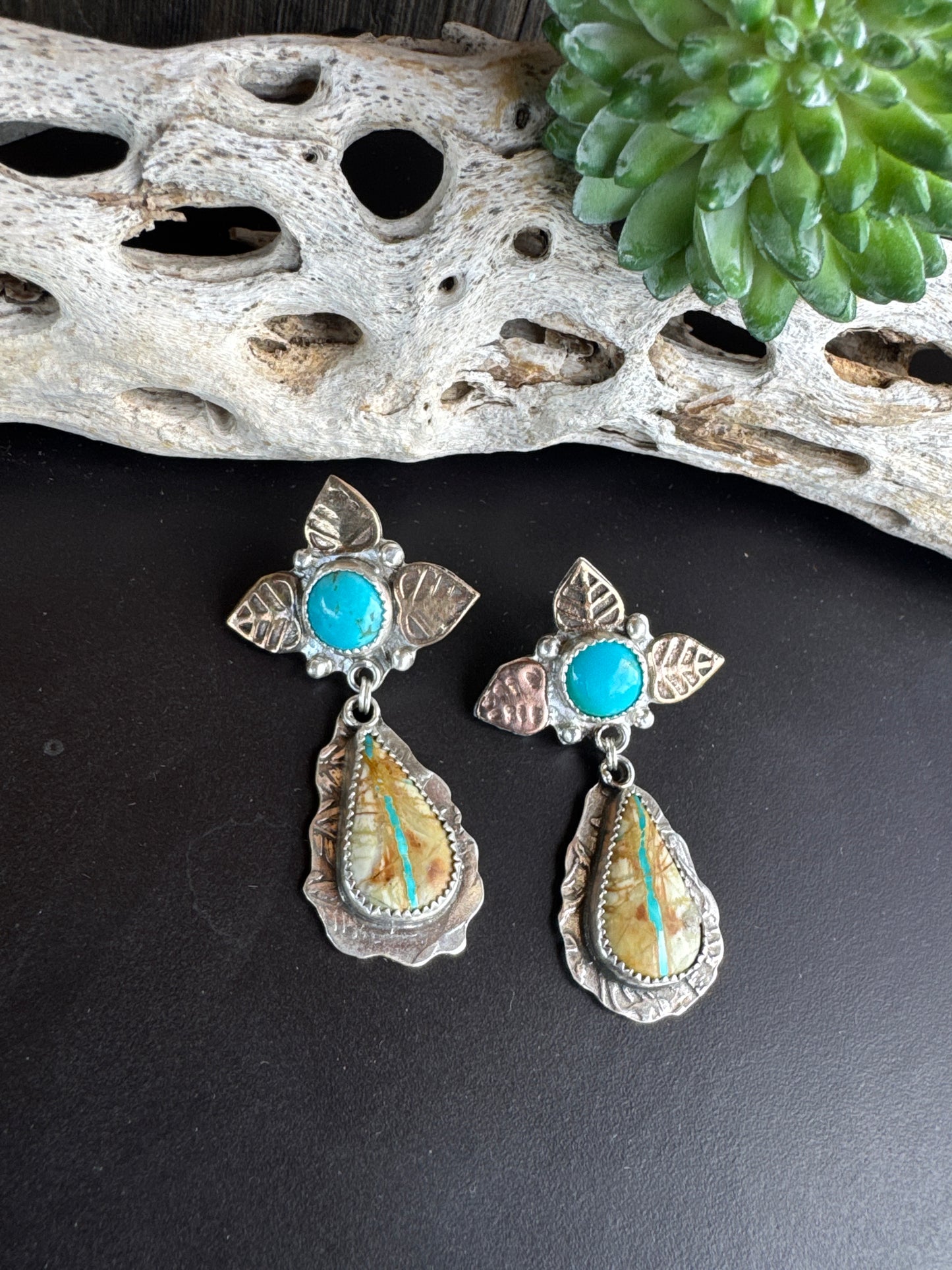 Royston Ribbon Turquoise Autumn Earrings Mixed Metal - Sterling Silver & 14k Gold- Filled.
