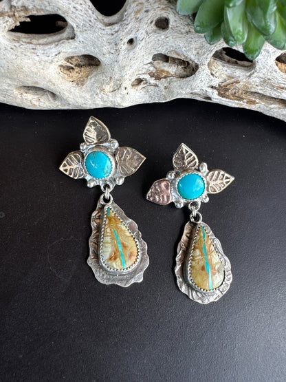 Royston Ribbon Turquoise Autumn Earrings Mixed Metal - Sterling Silver & 14k Gold- Filled.