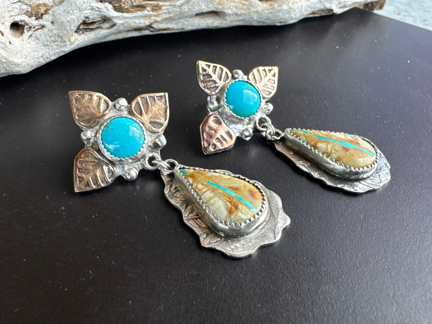Royston Ribbon Turquoise Autumn Earrings Mixed Metal - Sterling Silver & 14k Gold- Filled.
