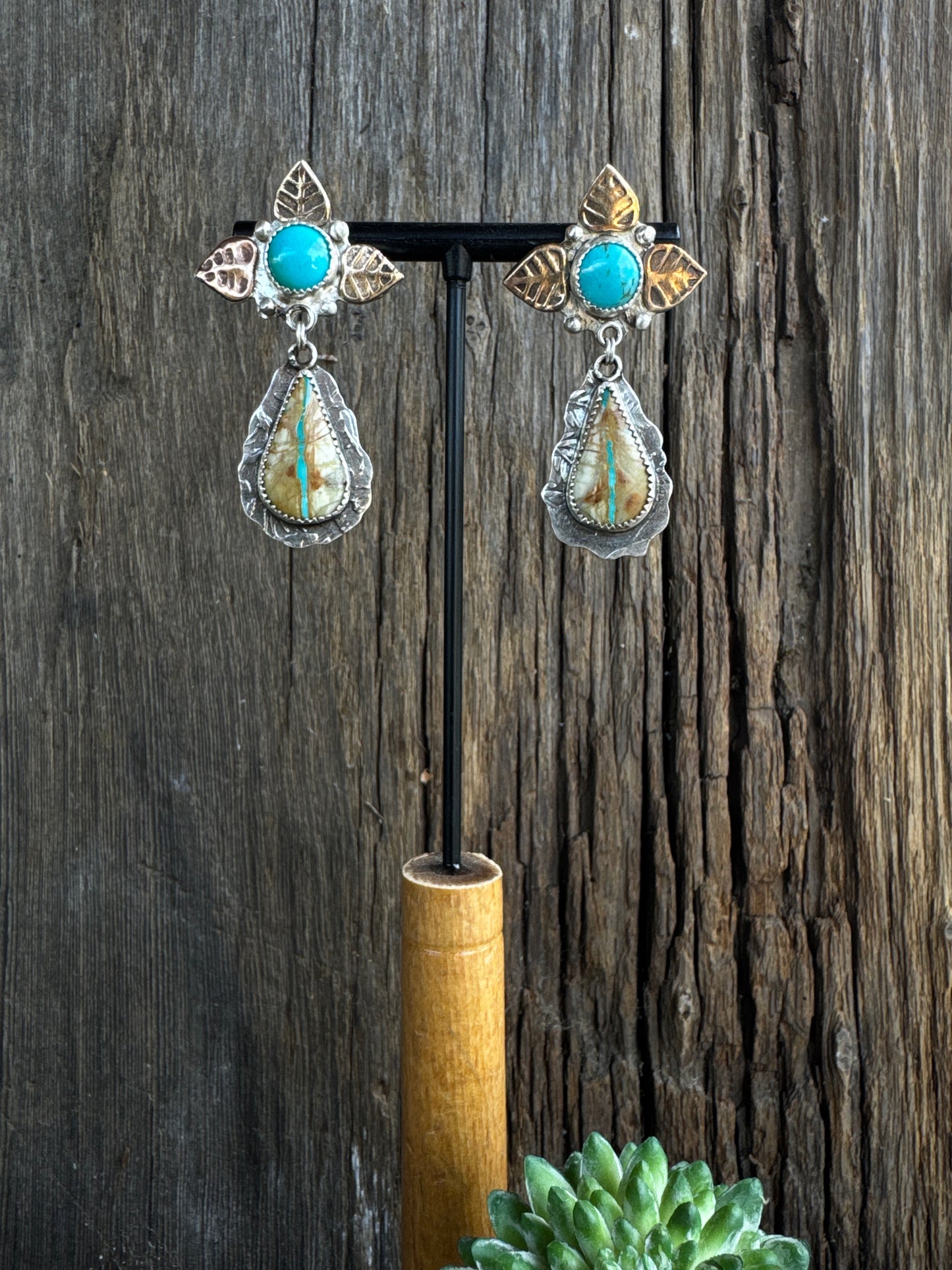 Royston Ribbon Turquoise Autumn Earrings Mixed Metal - Sterling Silver & 14k Gold- Filled.