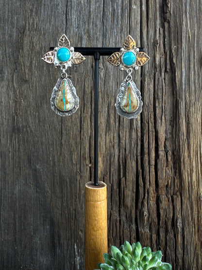 Royston Ribbon Turquoise Autumn Earrings Mixed Metal - Sterling Silver & 14k Gold- Filled.