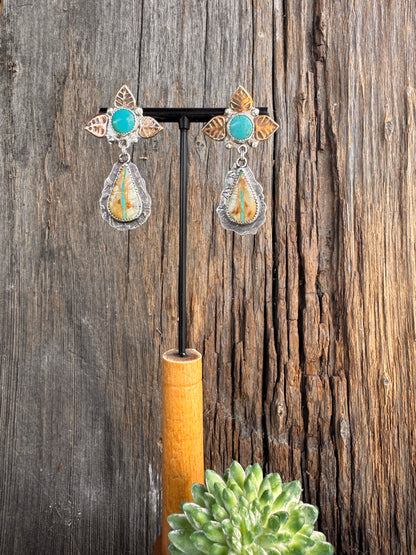 Royston Ribbon Turquoise Autumn Earrings Mixed Metal - Sterling Silver & 14k Gold- Filled.