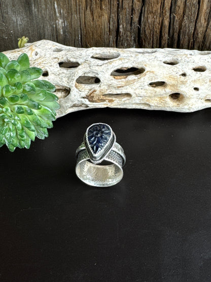 Sapphire Rose Spinner Ring - Blue Hand Carved Sapphire And Recycled Sterling Silver.
