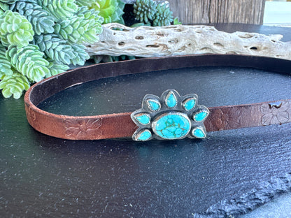 Kingman Turquoise And Sterling Silver  Cluster Stamped Leather Hat Band