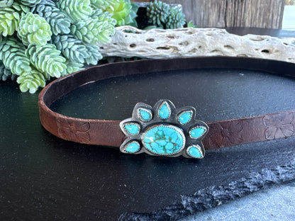 Kingman Turquoise And Sterling Silver  Cluster Stamped Leather Hat Band