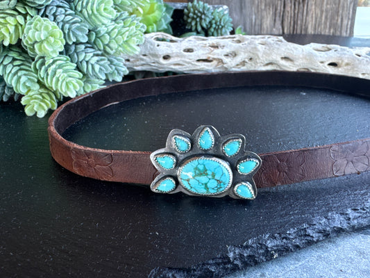 Kingman Turquoise And Sterling Silver  Cluster Stamped Leather Hat Band