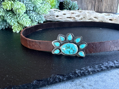 Kingman Turquoise And Sterling Silver  Cluster Stamped Leather Hat Band