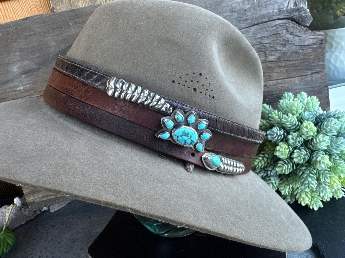Sterling Silver And Kingman Turquoise Rattlesnake Hat Band On Stamped Leather