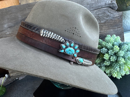 Sterling Silver And Kingman Turquoise Rattlesnake Hat Band On Stamped Leather