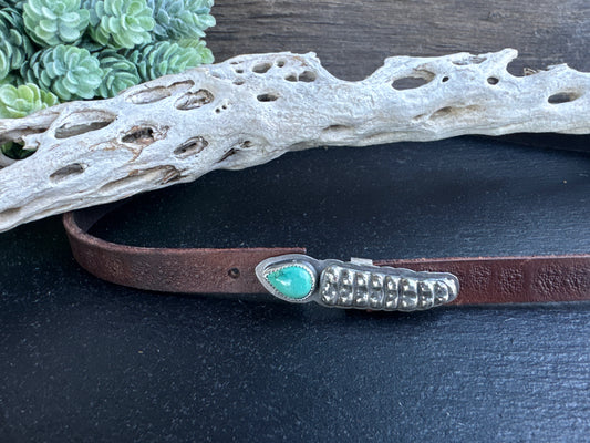Sterling Silver And Kingman Turquoise Rattlesnake Hat Band On Stamped Leather