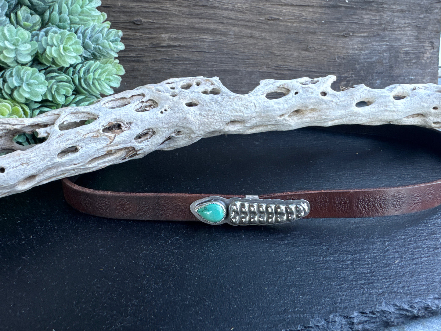 Sterling Silver And Kingman Turquoise Rattlesnake Hat Band On Stamped Leather