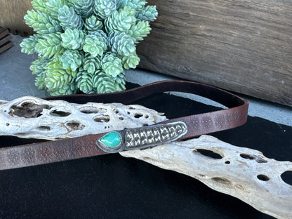 Sterling Silver And Kingman Turquoise Rattlesnake Hat Band On Stamped Leather
