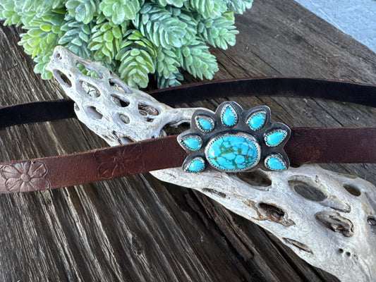 Kingman Turquoise And Sterling Silver  Cluster Stamped Leather Hat Band