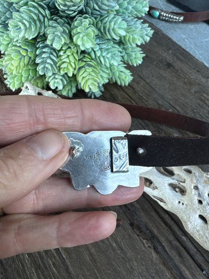 Kingman Turquoise And Sterling Silver  Cluster Stamped Leather Hat Band