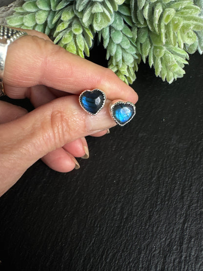 The Love Earrings - Blue Labradorite Heart And Sterling Studs