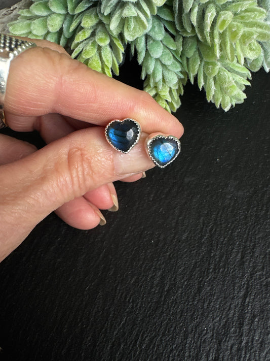The Love Earrings - Blue Labradorite Heart And Sterling Studs