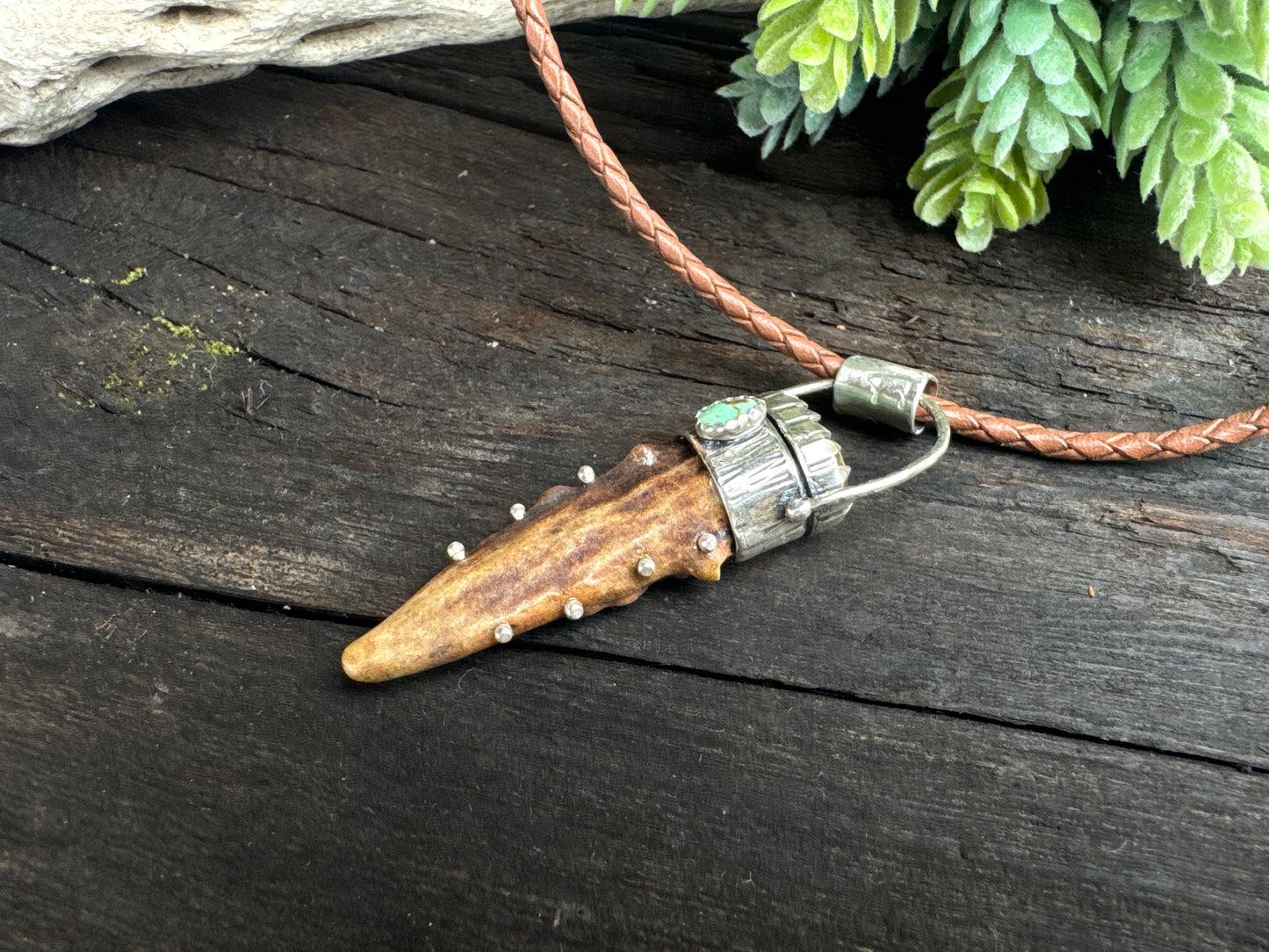 Turquoise And Sterling Antler Pendant
