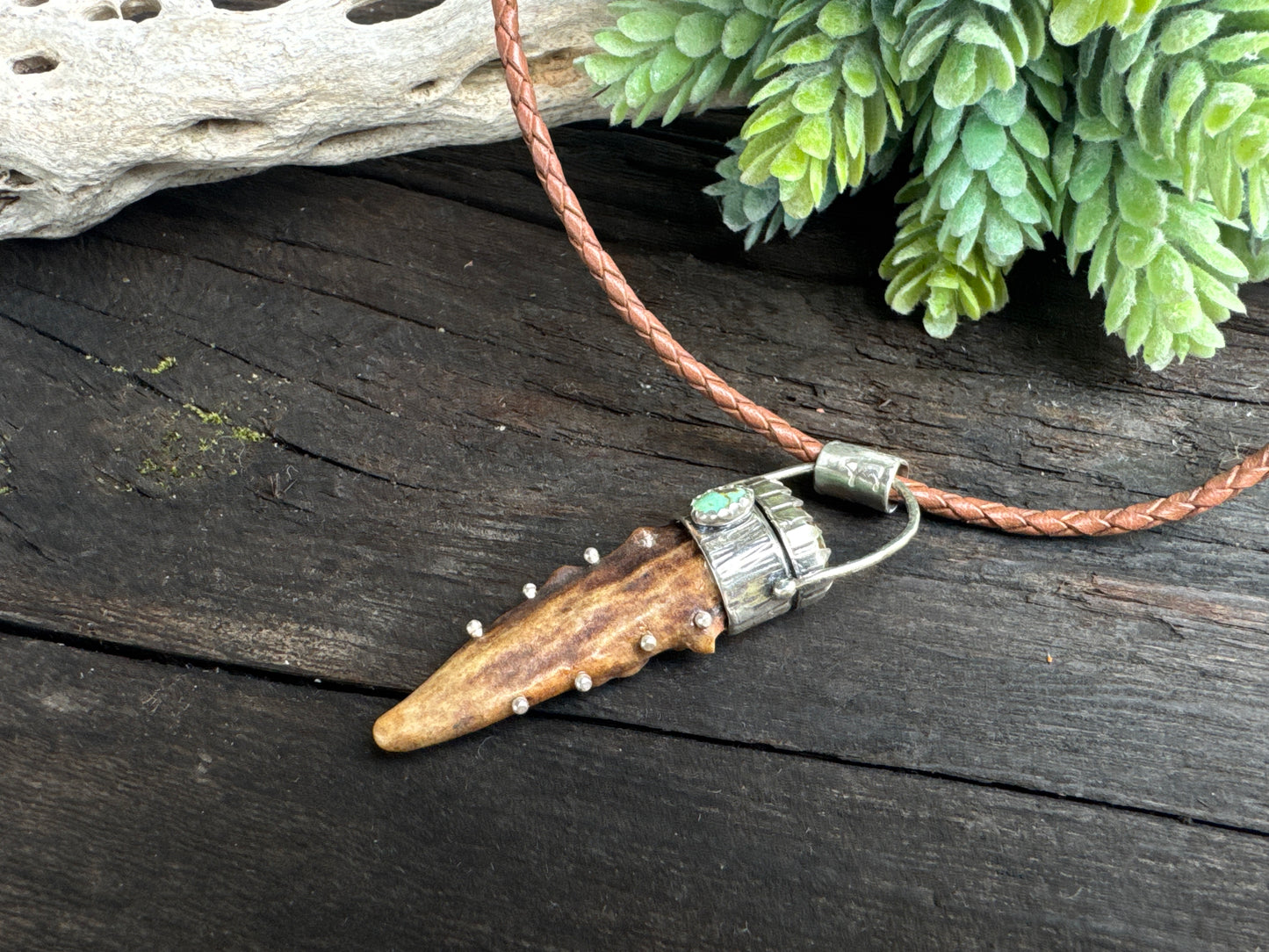 Turquoise And Sterling Antler Pendant