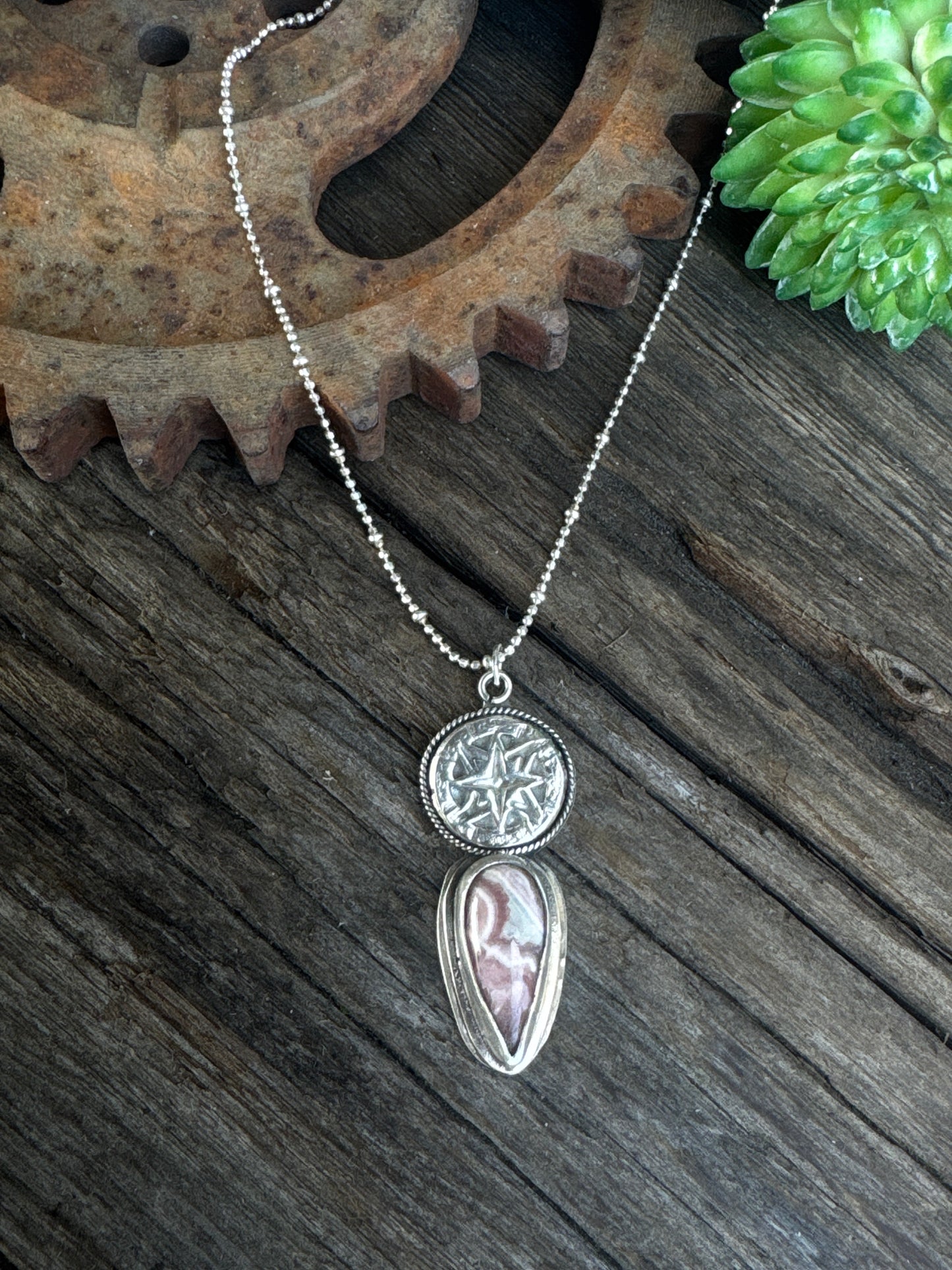 The Wanderer Necklace - Sterling Silver Rhodochrosite Compass Rose Pendant