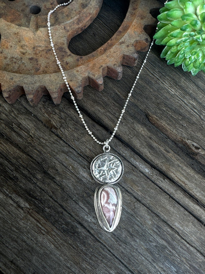 The Wanderer Necklace - Sterling Silver Rhodochrosite Compass Rose Pendant
