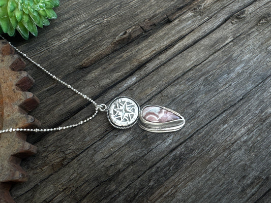 The Wanderer Necklace - Sterling Silver Rhodochrosite Compass Rose Pendant