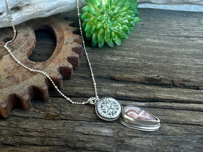 The Wanderer Necklace - Sterling Silver Rhodochrosite Compass Rose Pendant