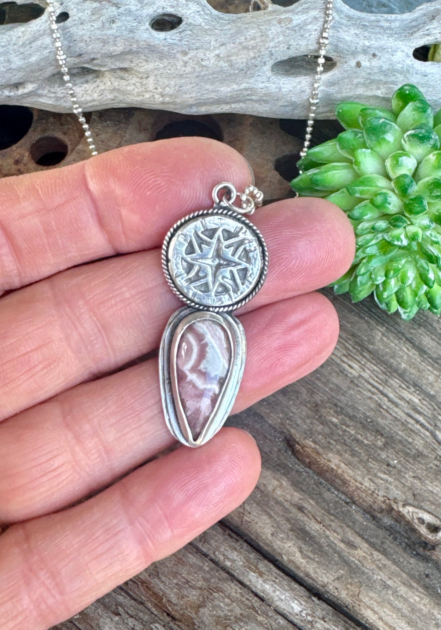 The Wanderer Necklace - Sterling Silver Rhodochrosite Compass Rose Pendant