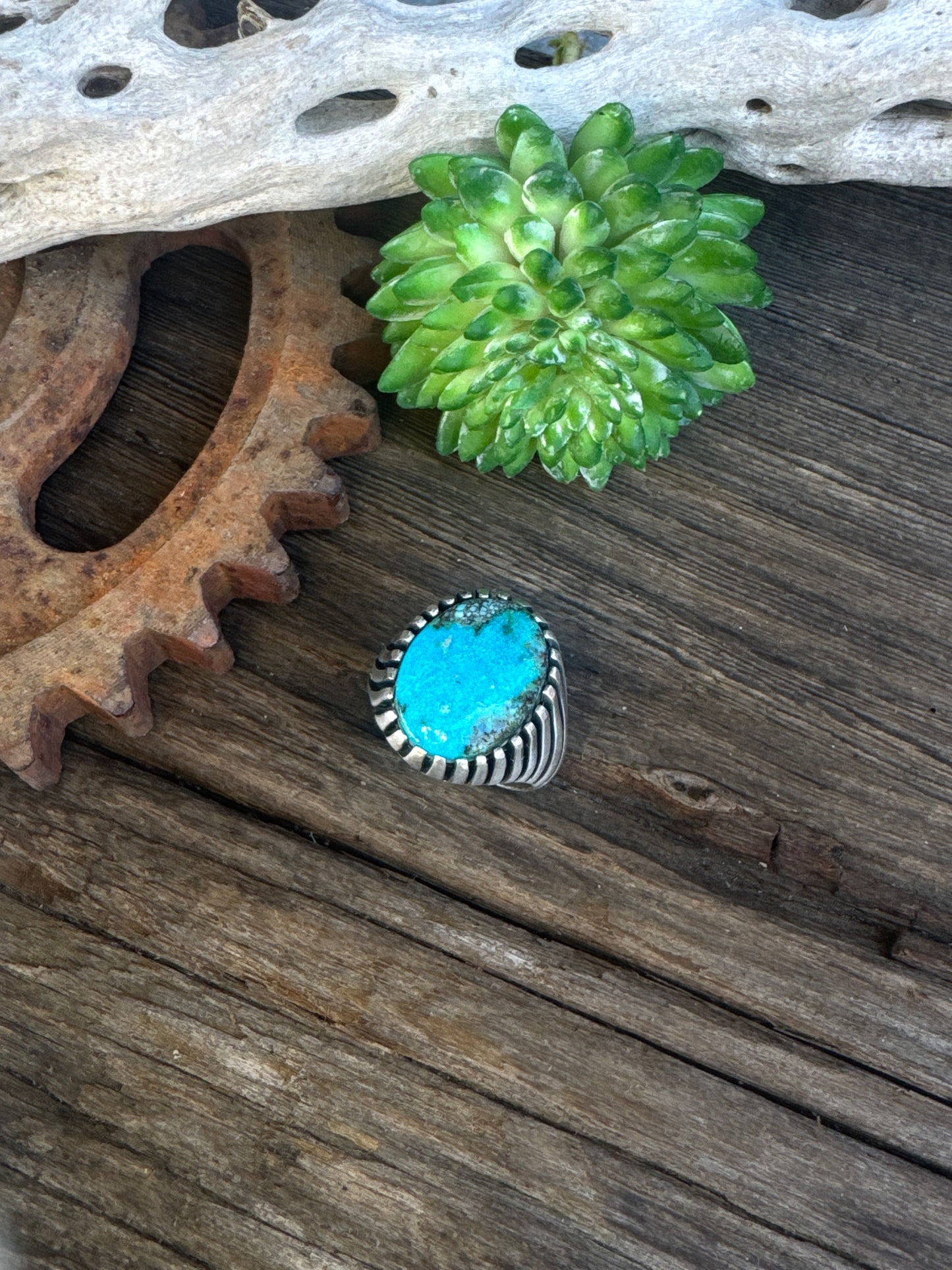 On The Ridge Top Ring - Sterling Silver Kingman Turquoise Swirled Ridge Signet Style Men's Ring