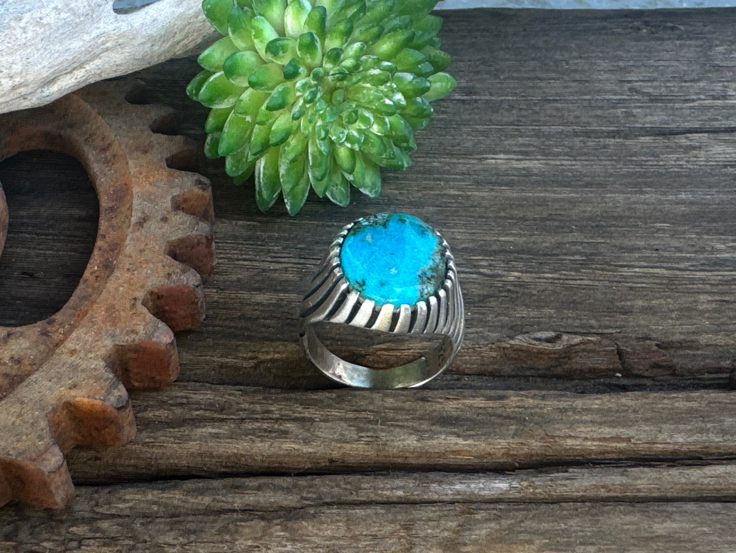 On The Ridge Top Ring - Sterling Silver Kingman Turquoise Swirled Ridge Signet Style Men's Ring