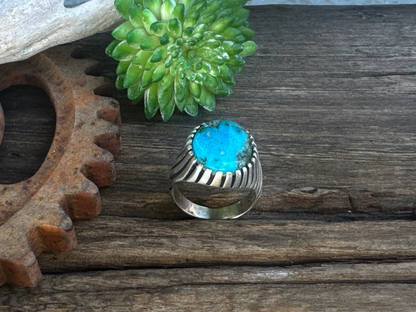 On The Ridge Top Ring - Sterling Silver Kingman Turquoise Swirled Ridge Signet Style Men's Ring