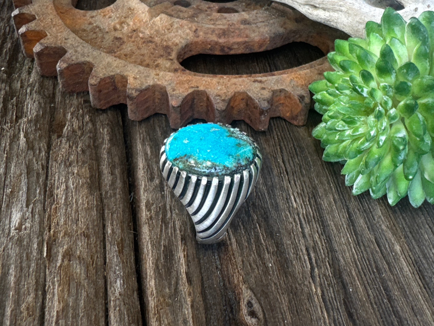 On The Ridge Top Ring - Sterling Silver Kingman Turquoise Swirled Ridge Signet Style Men's Ring