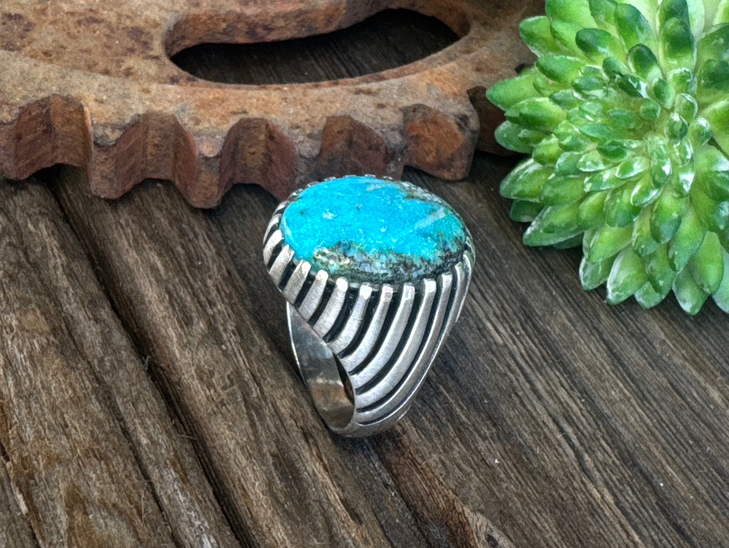 On The Ridge Top Ring - Sterling Silver Kingman Turquoise Swirled Ridge Signet Style Men's Ring