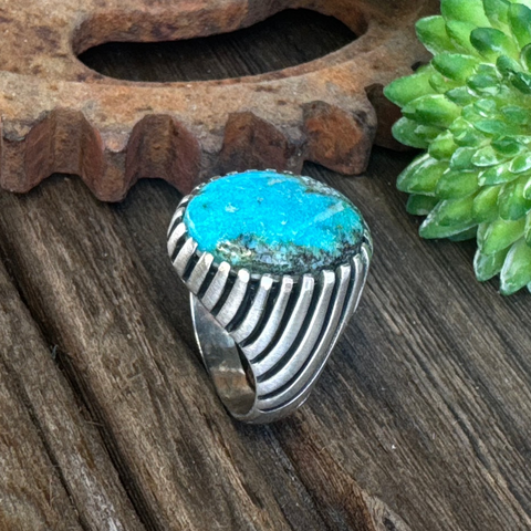 On The Ridge Top Ring - Sterling Silver Kingman Turquoise Swirled Ridge Signet Style Men's Ring