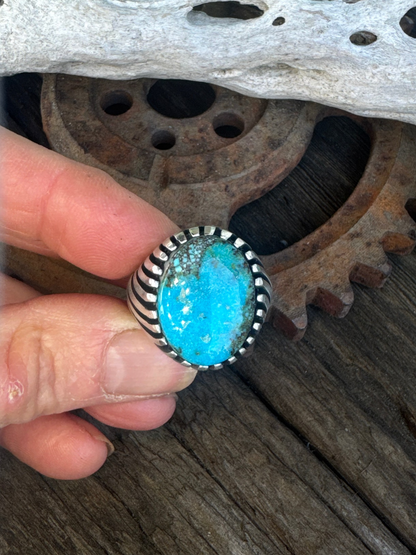 On The Ridge Top Ring - Sterling Silver Kingman Turquoise Swirled Ridge Signet Style Men's Ring