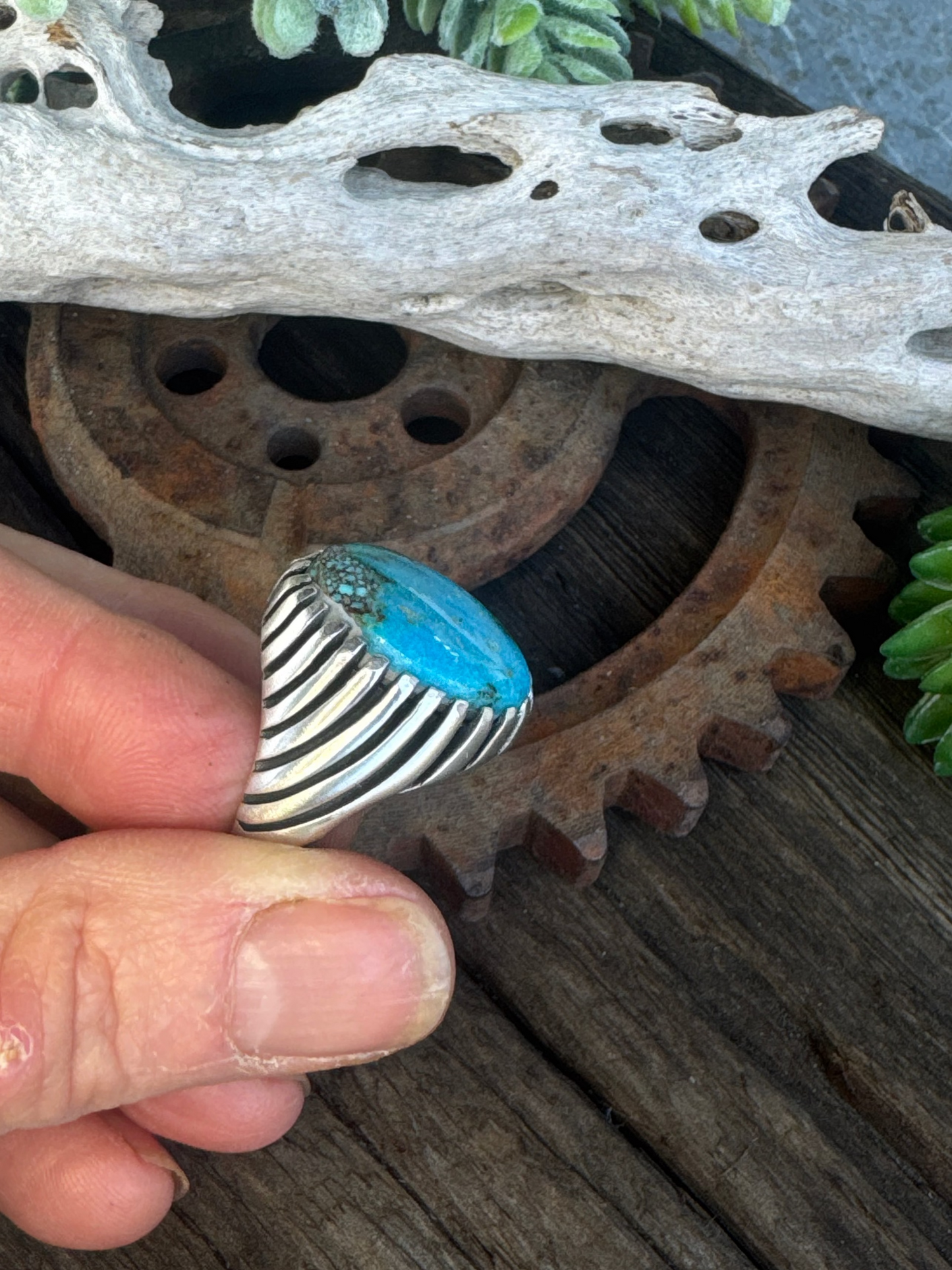 On The Ridge Top Ring - Sterling Silver Kingman Turquoise Swirled Ridge Signet Style Men's Ring