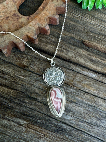 The Wanderer Necklace - Sterling Silver Rhodochrosite Compass Rose Pendant
