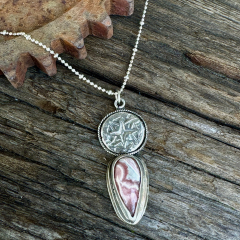 The Wanderer Necklace - Sterling Silver Rhodochrosite Compass Rose Pendant