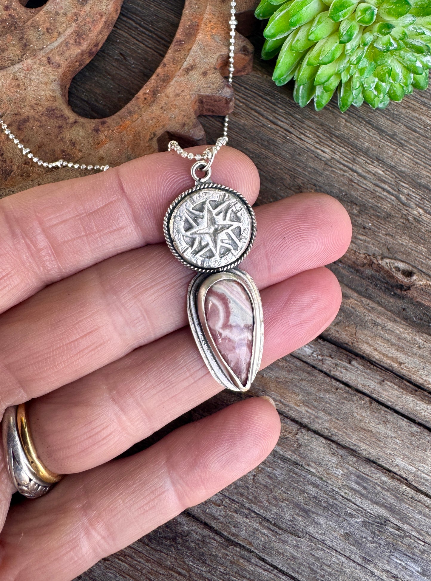 The Wanderer Necklace - Sterling Silver Rhodochrosite Compass Rose Pendant