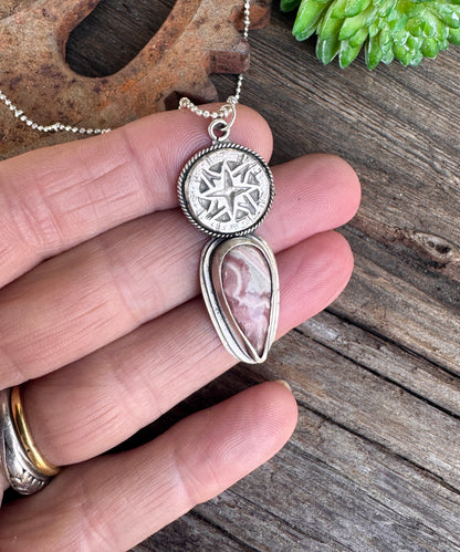 The Wanderer Necklace - Sterling Silver Rhodochrosite Compass Rose Pendant