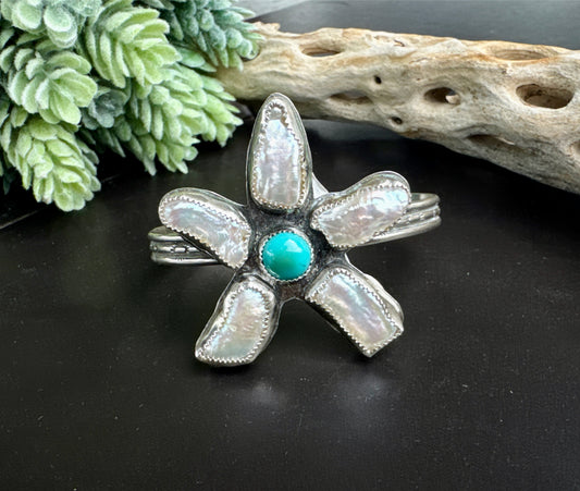 Freshwater Flower Power Pear And Turquoise Sterling Cuff