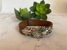 Load image into Gallery viewer, Sterling Silver, Vintage Leather and Emerald Leaf Cuff Bracelet
