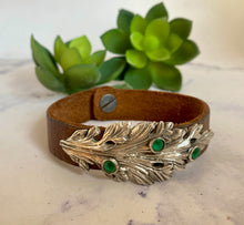 Load image into Gallery viewer, Sterling Silver, Vintage Leather and Emerald Leaf Cuff Bracelet

