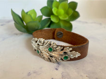 Load image into Gallery viewer, Sterling Silver, Vintage Leather and Emerald Leaf Cuff Bracelet
