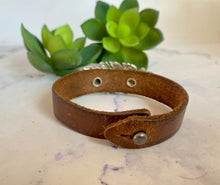 Load image into Gallery viewer, Sterling Silver, Vintage Leather and Emerald Leaf Cuff Bracelet
