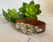 Load image into Gallery viewer, Sterling Silver, Vintage Leather and Emerald Leaf Cuff Bracelet
